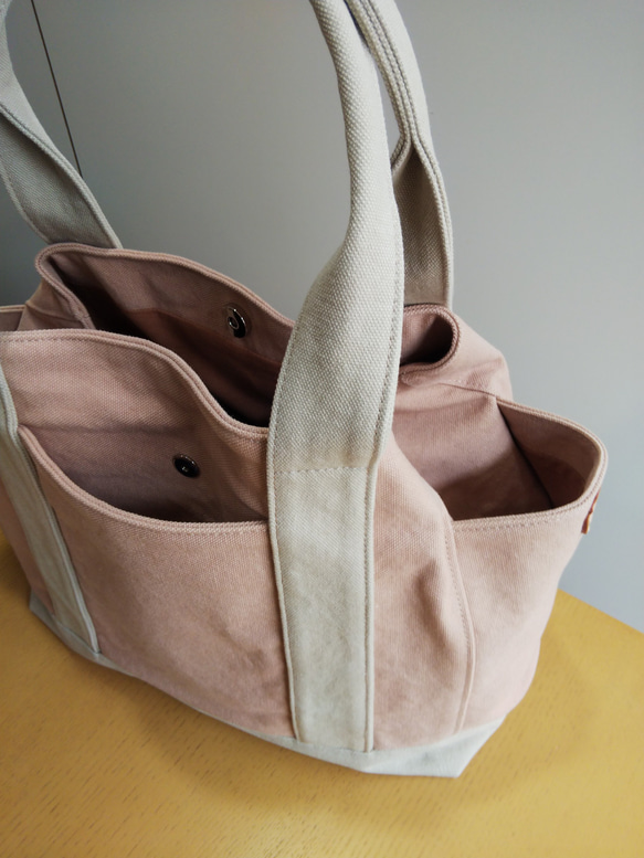 春色帆布のサイドポケット付きトートバッグ（ピンク） 2枚目の画像