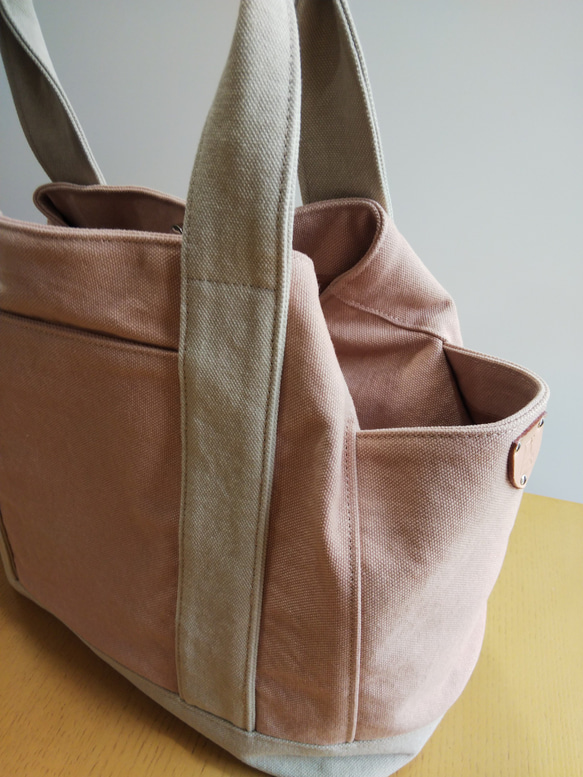 春色帆布のサイドポケット付きトートバッグ（ピンク） 3枚目の画像