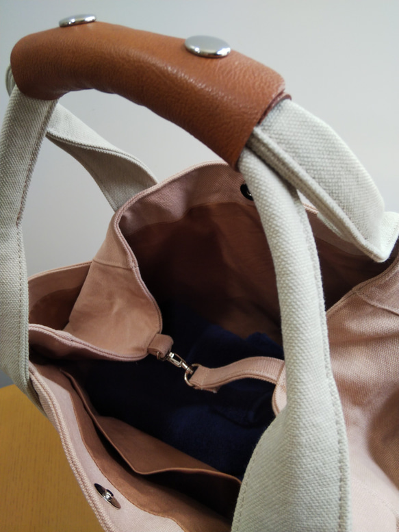 春色帆布のサイドポケット付きトートバッグ（ピンク） 4枚目の画像