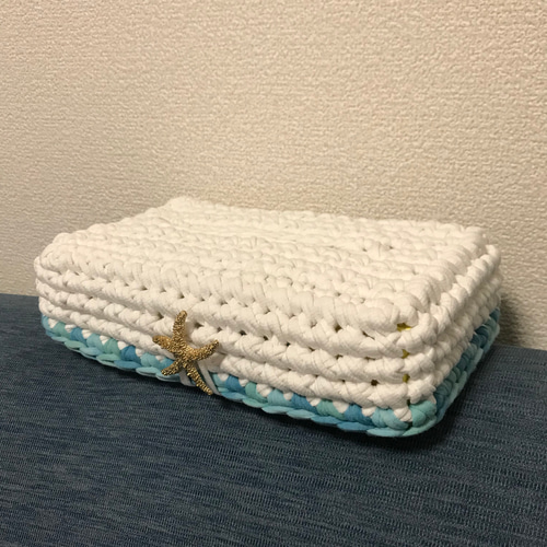 送料込】ズパゲッティ ティッシュカバー ホワイト×ターコイズ その他  