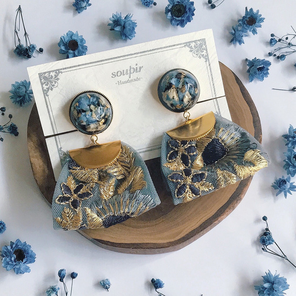 インド刺繍リボンタッセル♪ インド刺繍リボンタッセル ピアス・イヤリング ブルー×グレー