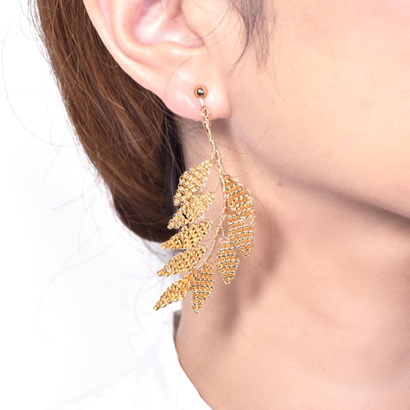 金叶耳夹（无耳洞）/穿孔耳环 gold leaf EARRING#017 第2張的照片