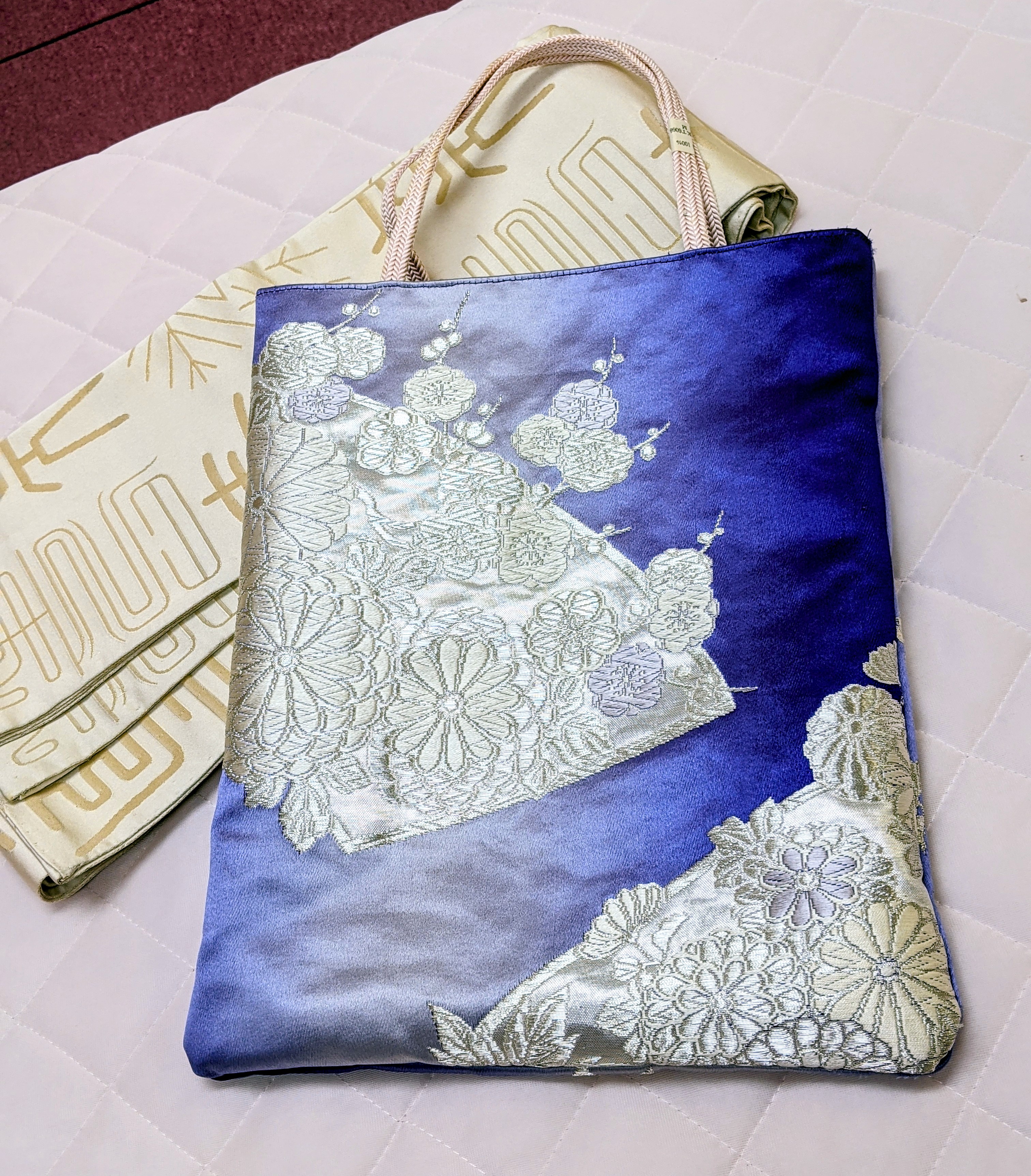 ［レア］濃紫　プラチナ箔　牡丹と扇　お稽古　バッグ　A4