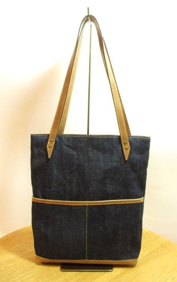 ☆Sale☆トートバッグ　デニム／革　＜flat tote denim＞ 2枚目の画像