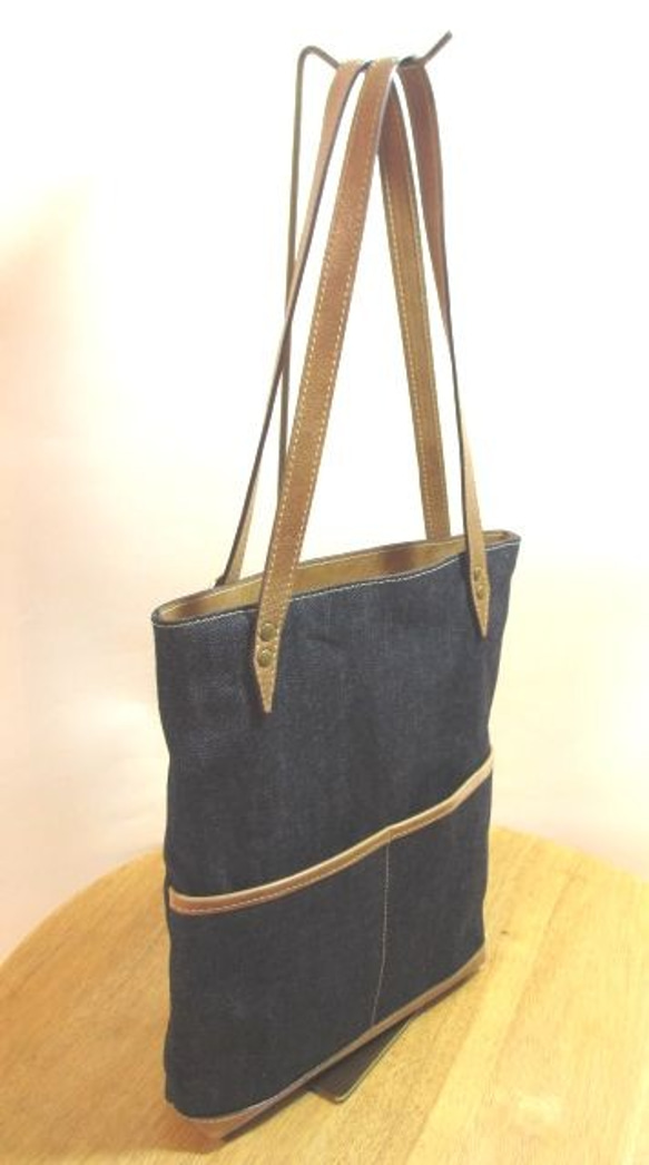 ☆Sale☆トートバッグ　デニム／革　＜flat tote denim＞ 5枚目の画像