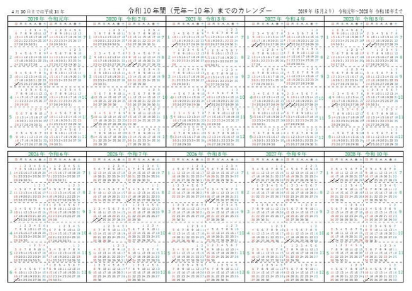 西暦と元号入りカレンダー令和元年～10年までの10年分のカレンダー(A4サイズ)　 1枚目の画像