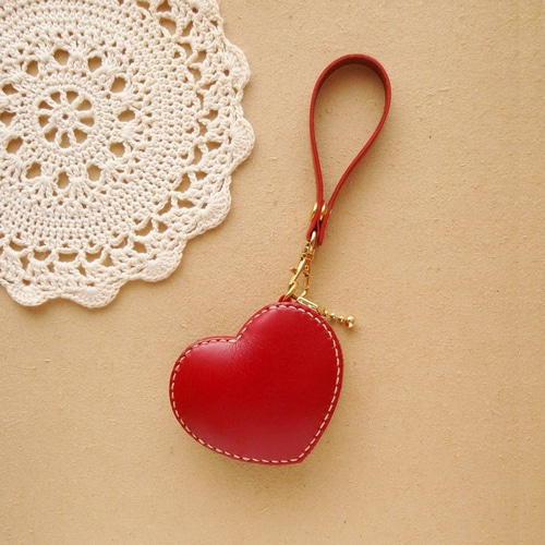 受注制作】コインケース ハート 赤レザー/ヌメ革 小銭入れ・コイン