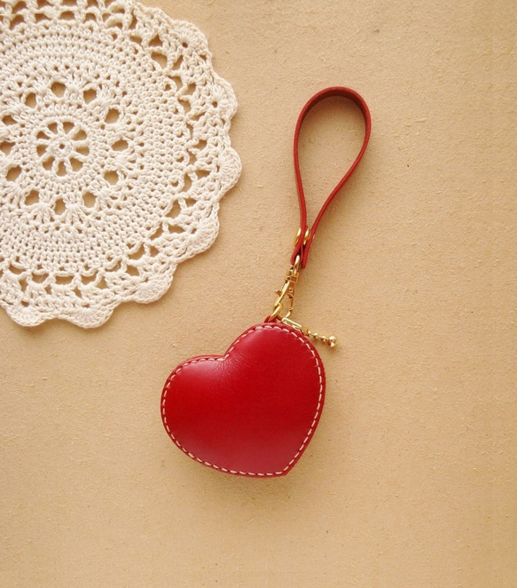 受注制作】コインケース ハート 赤レザー/ヌメ革 小銭入れ・コイン