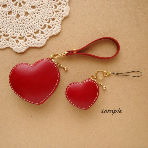 受注制作】コインケース ハート 赤レザー/ヌメ革 小銭入れ