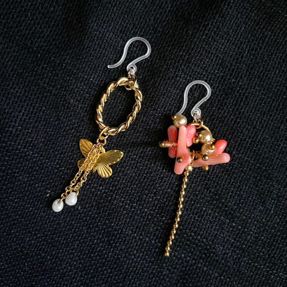 アシンメトリーシリーズ　珊瑚　蝶　ピンク　ピアス 5枚目の画像