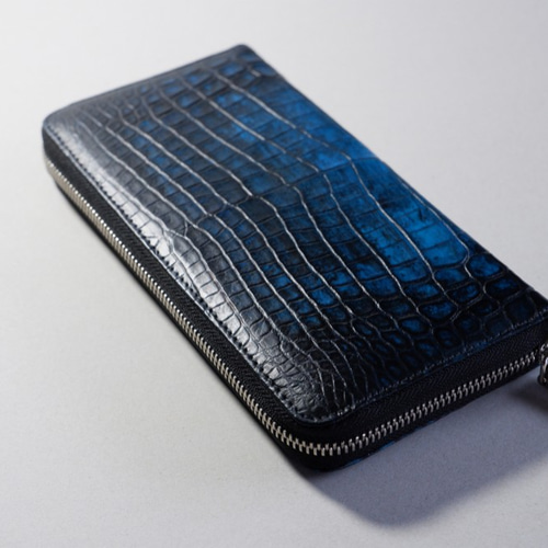 革芸人 クロコ 長財布 ブルーとブラックのグラデーション｜革芸人
