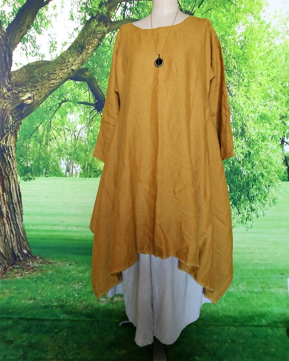 リネン・自然に溶け込むワンピース（マスタード）　フリーサイズ