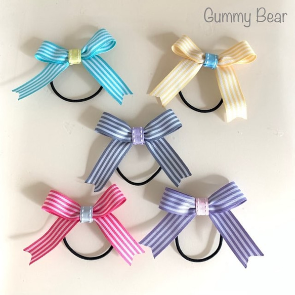 ストライプのミニリボン・2個セット ヘアゴム ヘアアクセサリー