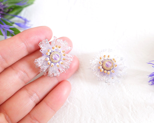 手染めビーズと薔薇ビジュー♡ アシメ　ピアス/イヤリング✩*॰¨ 復刻デザイン♡《 Elegant flower bijou circle 》 エレガント