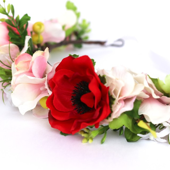 【T様専用】赤いアネモネの花冠・ブートニア・リストレット３点セット 3枚目の画像