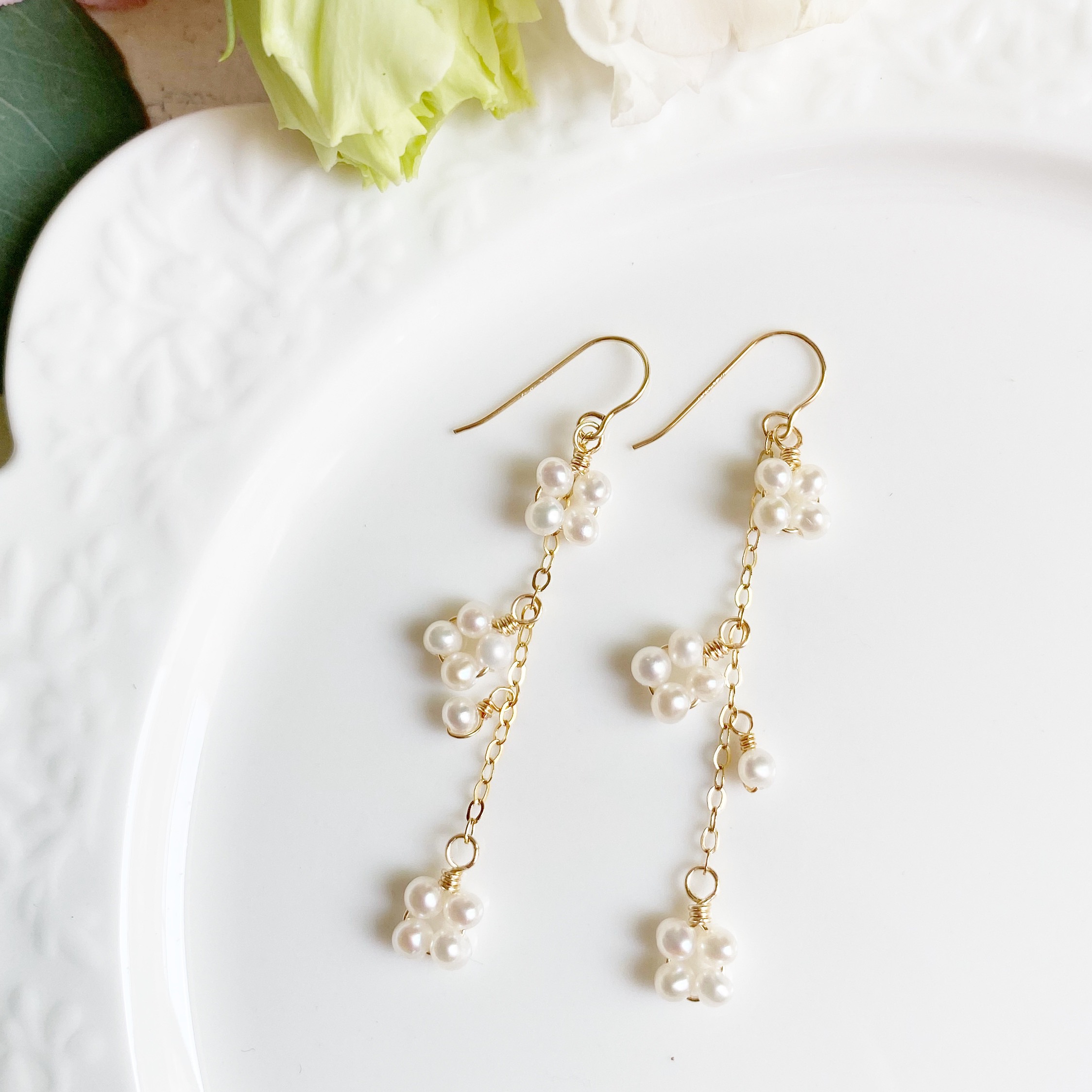 カランコエ 14KGF 淡水パール チェーンピアス Trio