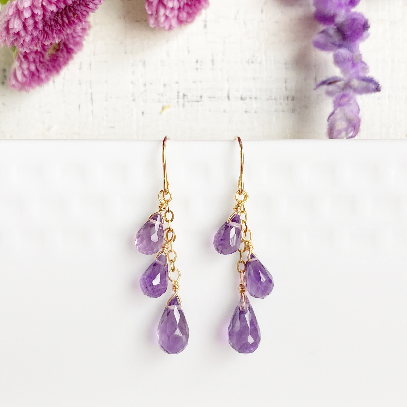 14KGF アメジスト ドロップブリオレットカット ピアス Trio