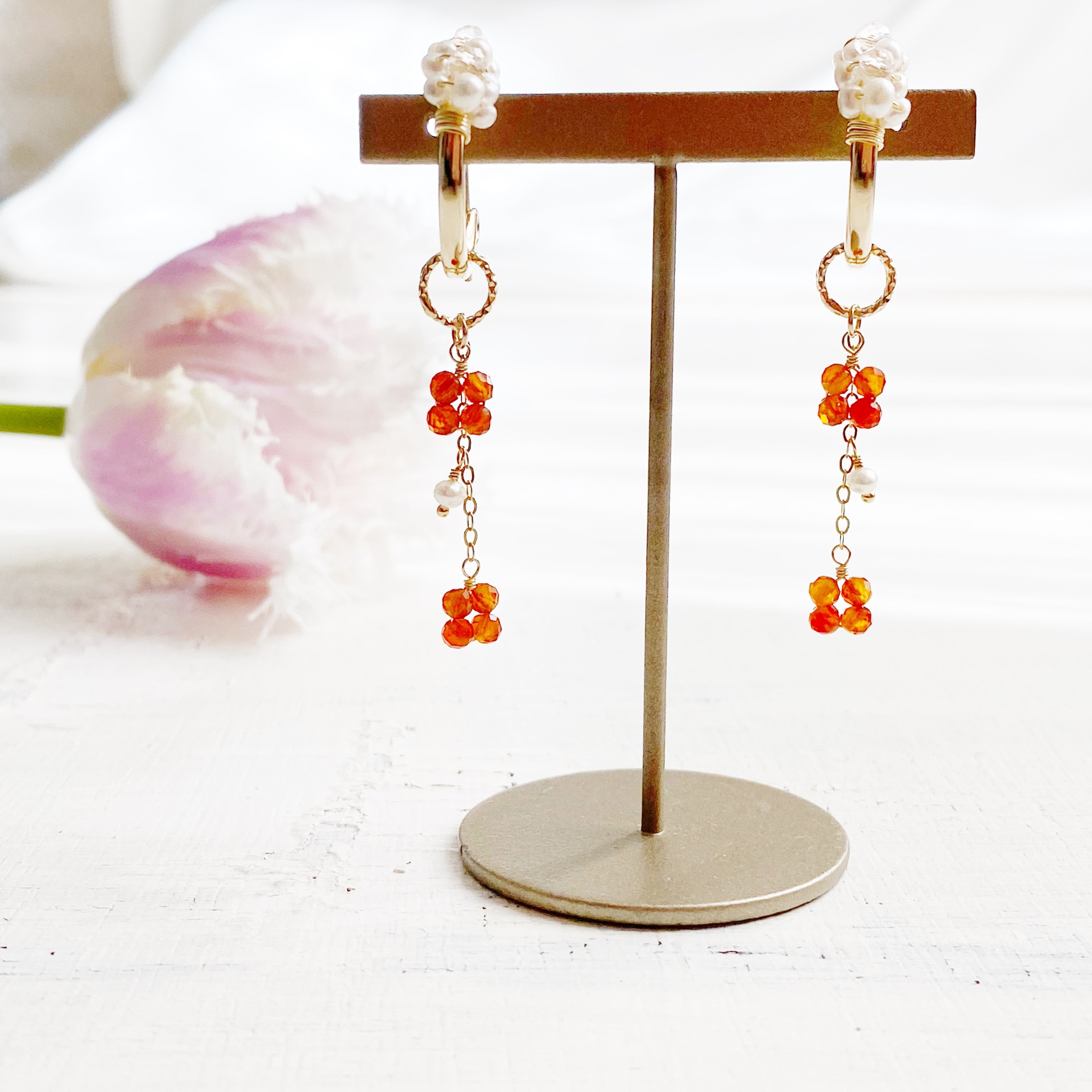 カランコエ 14KGF 淡水パール カーネリアン フープピアス