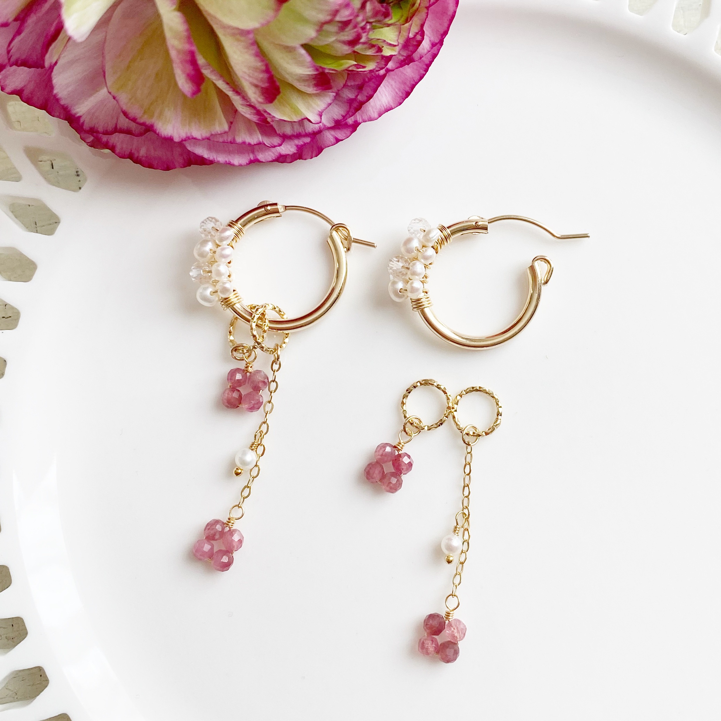 カランコエ 14KGF 淡水パール ピンクトルマリン フープピアス