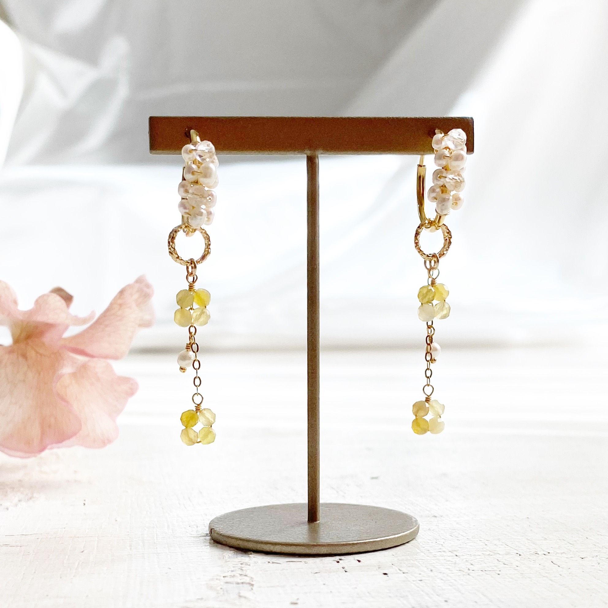 カランコエ 14KGF 淡水パール イエローオパール フープピアス