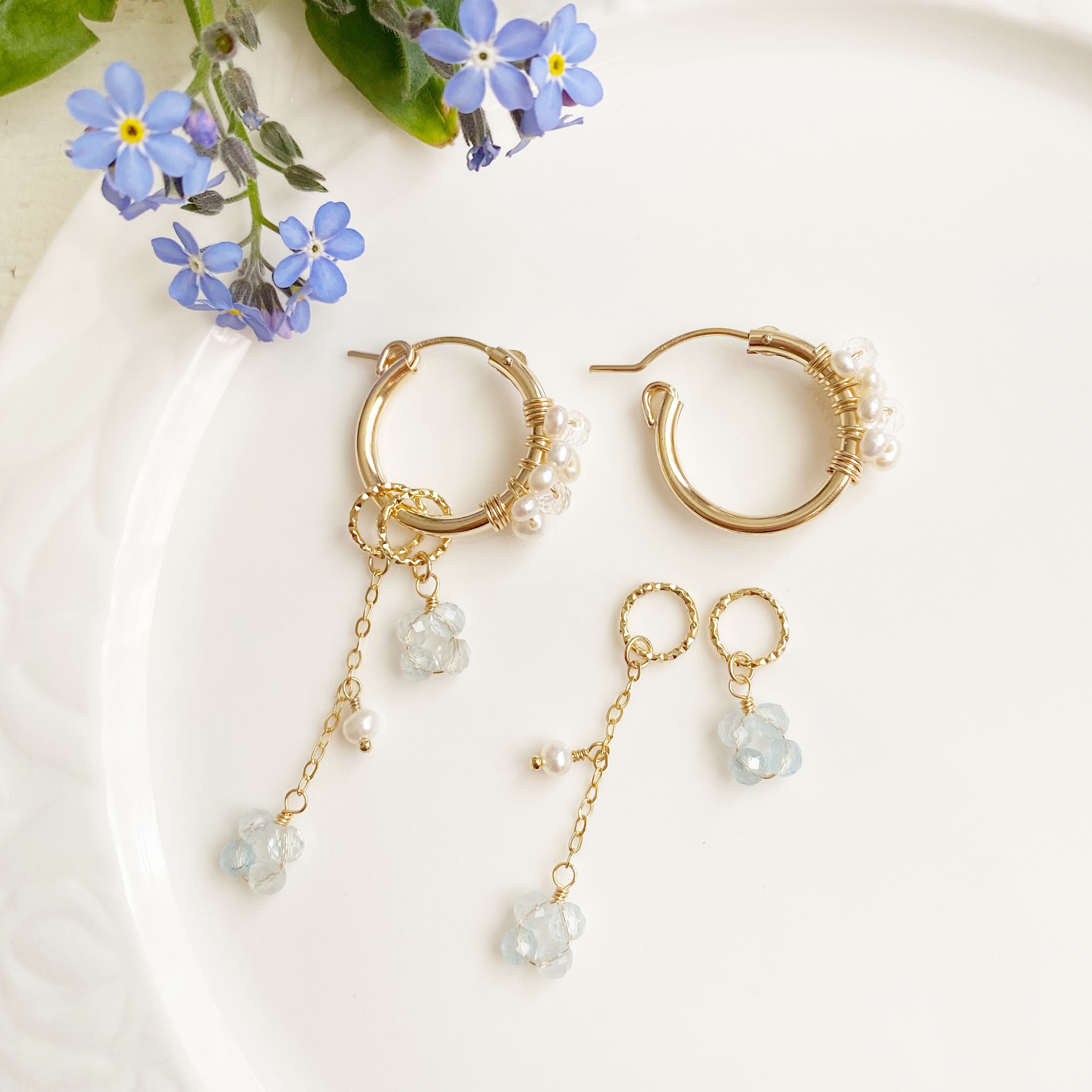 カランコエ 14KGF 淡水パール アクアマリン フープピアス