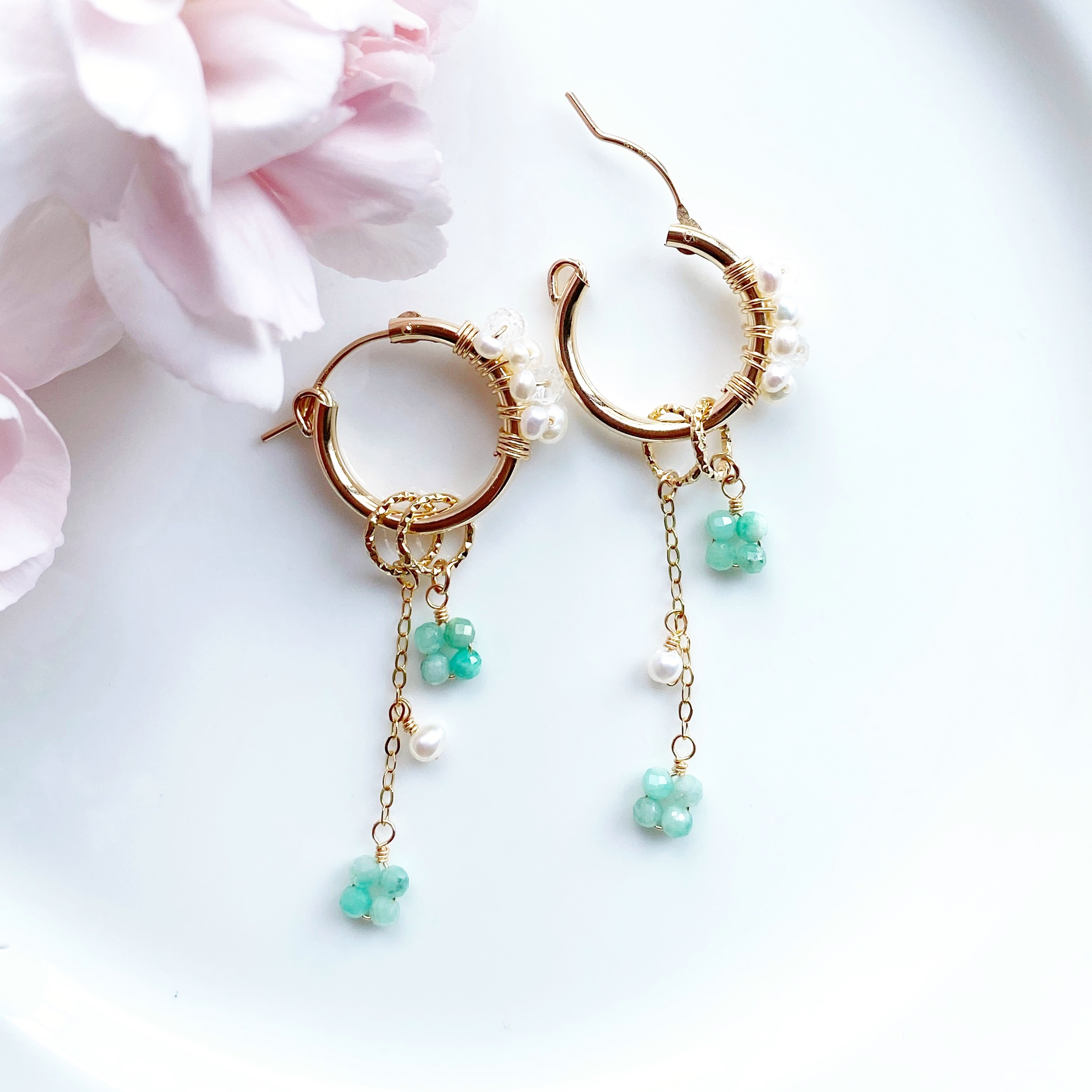 カランコエ 14KGF 淡水パール エメラルド フープピアス