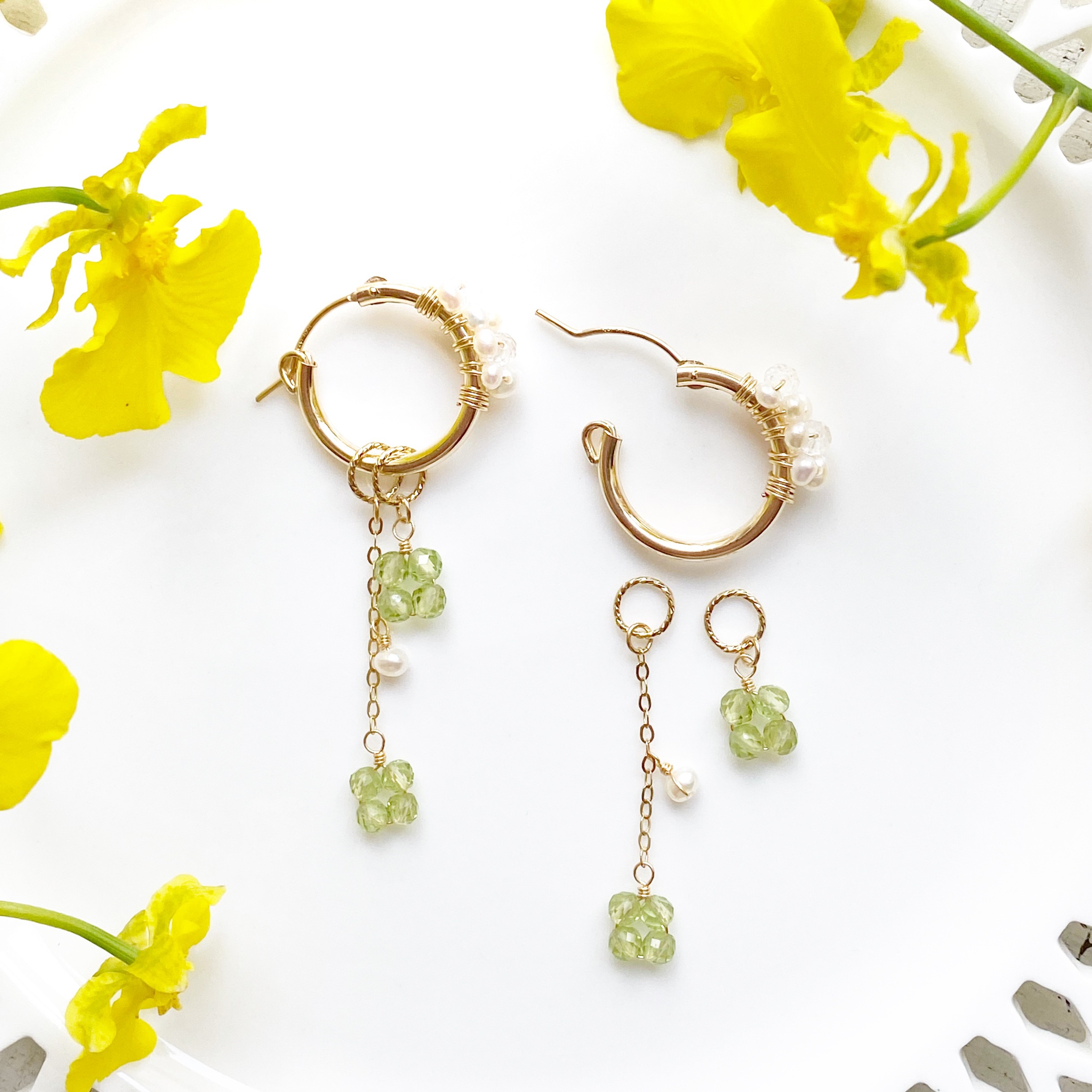 カランコエ 14KGF 淡水パール ペリドット フープピアス