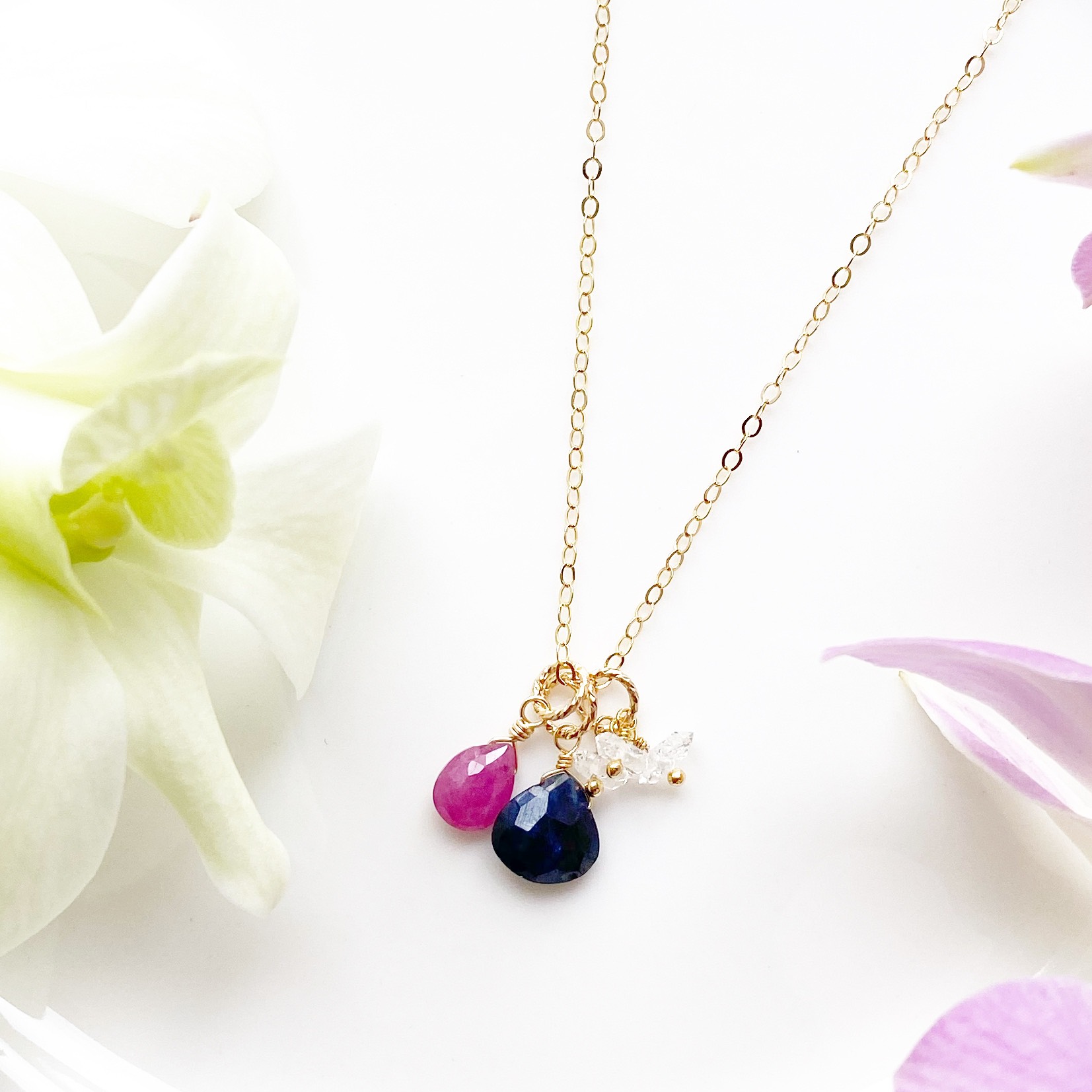 14KGF ブルーサファイア ピンクサファイア ハーキマーダイヤモンド ネックレス Trio