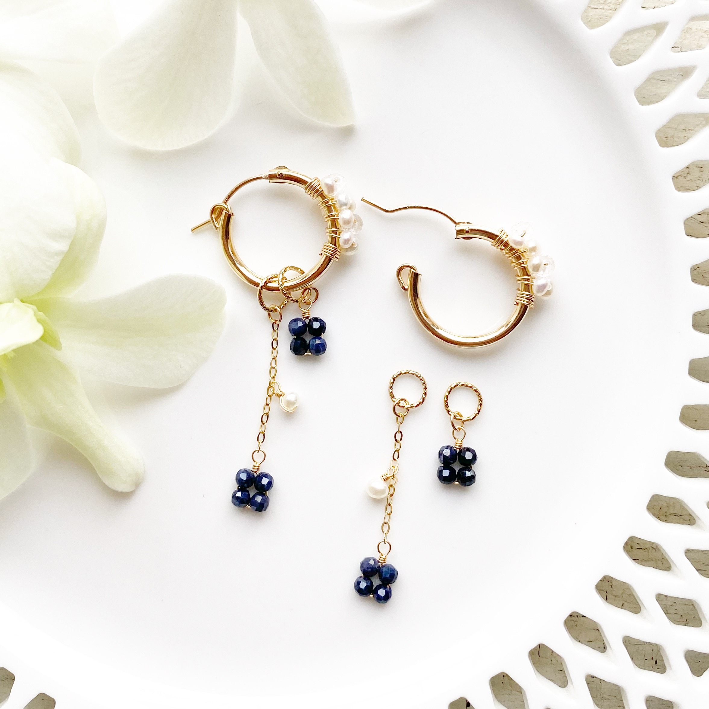 カランコエ 14KGF 淡水パール サファイア フープピアス