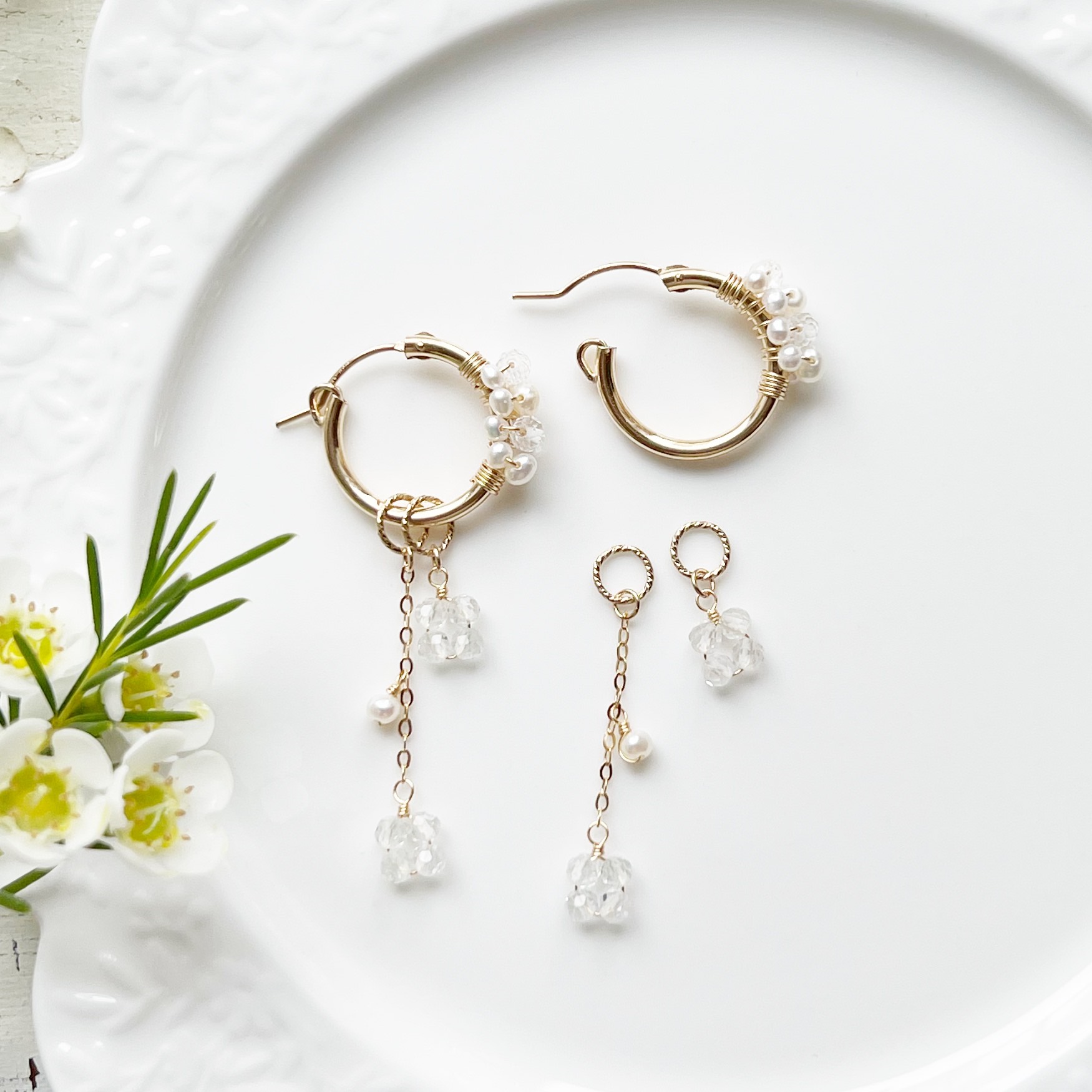 カランコエ 14KGF 淡水パール ホワイトトパーズ フープピアス