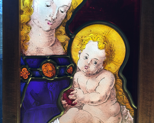 硝子絵画 母子像 木製フレーム付き ステンドグラス！！絵付パネル 聖母子像 その他アート Atelier