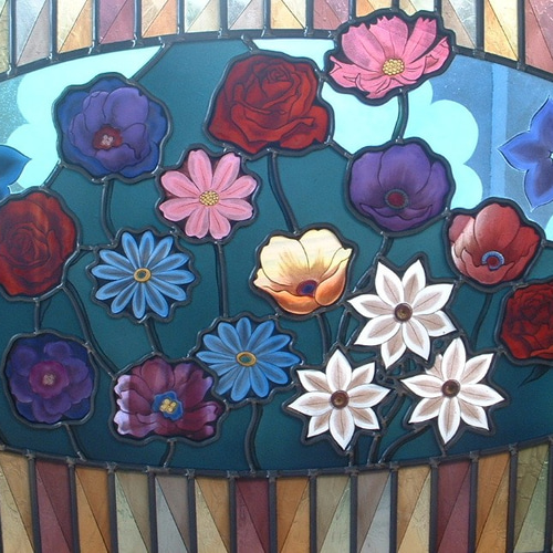 ステンドグラスパネル　菜の花と少女 ステンドグラス ミニパネル 花模様 青 15cm | iichi 日々の