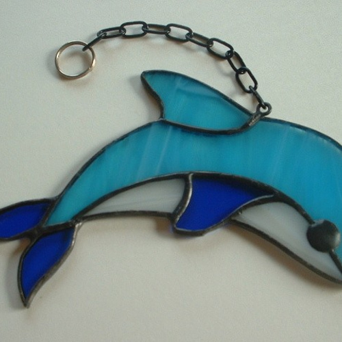 ステンドグラス　2色のイルカのサンキャッチャー ステンドグラス 2色のイルカのサンキャッチャーパネル サン