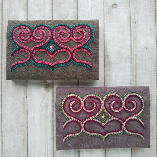 アイヌ文様刺繍入り名刺入れ・カードケース(カーキ色)Wポケット