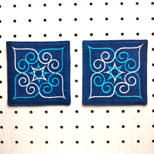 アイヌ刺繍入りコースター(2枚セット)インディゴ染め○サンプル