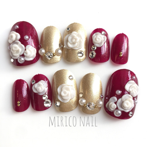 ネイルチップオーダー ワインレッド赤ピンクホワイトパール春ゴールドニュアンス ネイルチップオーダー ワインレッド赤ピンクホワイトパール春ゴールド