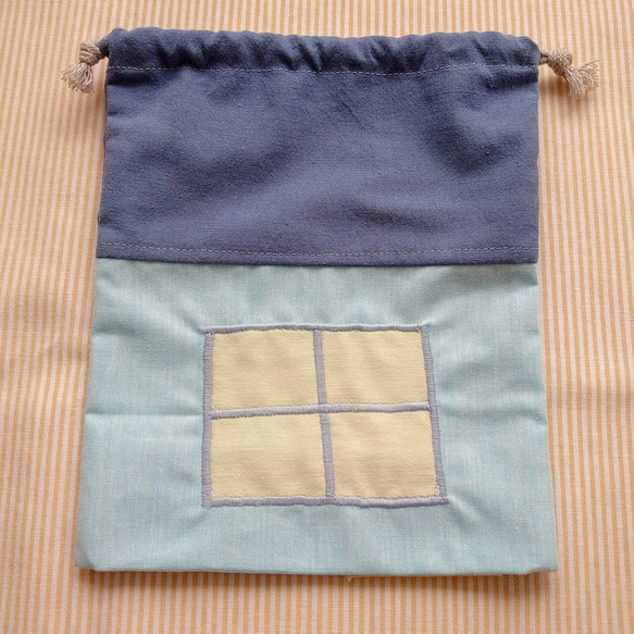 コップ袋/おうち型巾着【青】（乾きやすい一枚仕立て） 5枚目の画像