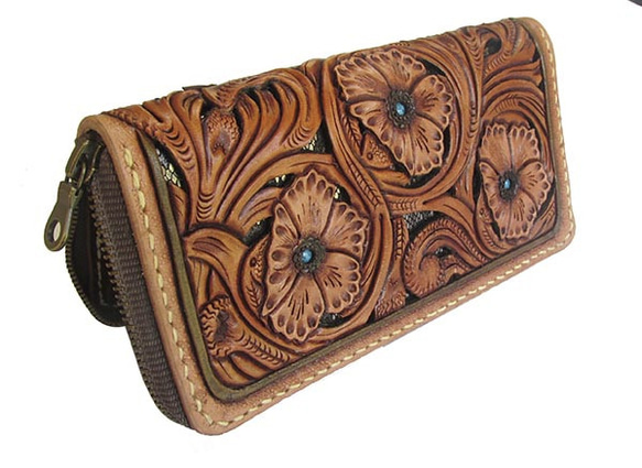 カービングラウンドファスナーウォレット　長財布 カービング/ラウンドファスナー長財布/レザーウォレット/ヌメ革