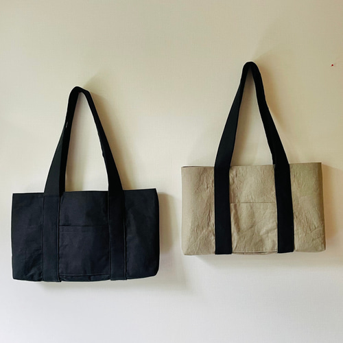 黒コットンリネンの横トートバッグ ファスナー内ポケット付き【送料