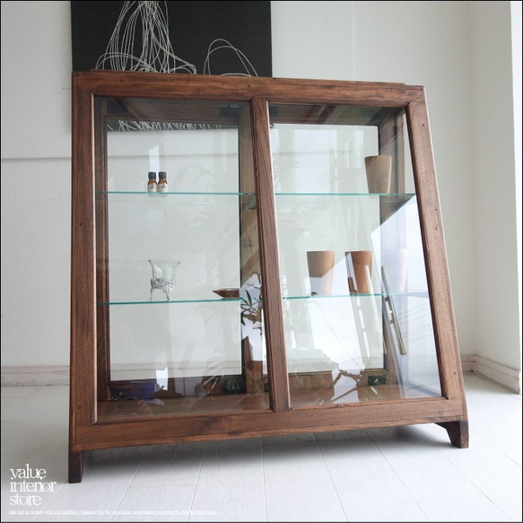 チーク無垢材 台形ショーケースMed ガラスケース コレクションケース