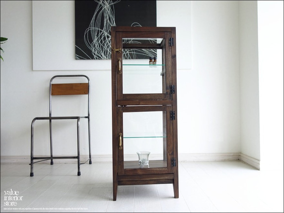 無垢 ガラスパンケースW ショーケース 陳列ケ－ス シンプル 飾り棚 什器 コレクションケース チーク材 食器棚 8枚目の画像