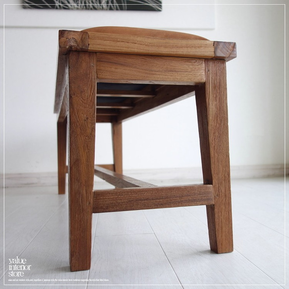 オールドチークレザーベンチLB115 本皮 長椅子 古材 二人掛けソファ 革張り イス シンプル 木製 新品 3枚目の画像