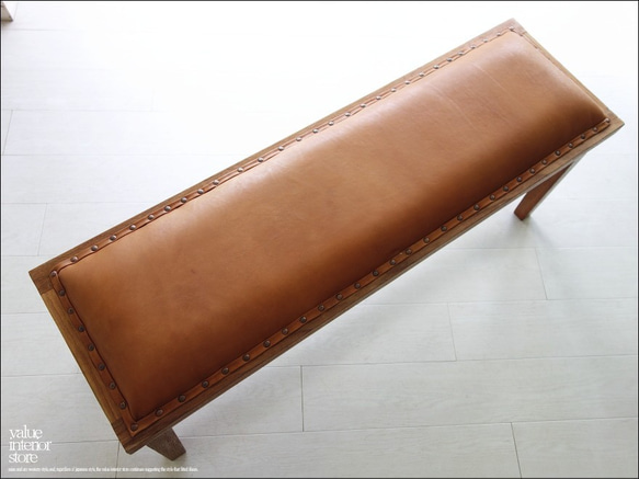 オールドチークレザーベンチLB115 本皮 長椅子 古材 二人掛けソファ 革張り イス シンプル 木製 新品 9枚目の画像