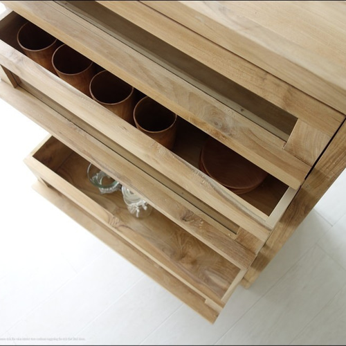 チーク総無垢材 前面ガラス引出五杯N 食器棚 チェスト キャビネット