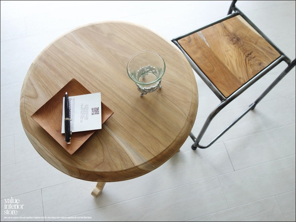 チーク総無垢材 サイドテーブルAN カフェテーブル 机 コーヒーテーブル 円形 新品 ナチュラル 素朴天然素材 総無垢 10枚目の画像