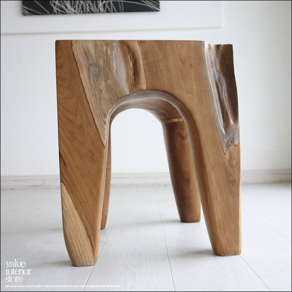 チーク無垢材 プリミティブスツール C/1 イス チェア 新品 ベンチ 椅子 天然木 手作り ナチュラル 素朴 削り出し 5枚目の画像