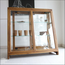 チーク材 総無垢 引戸ガラスキャビネットN 食器棚 飾り棚 カウンター