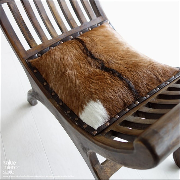 チーク無垢材 シングルソファfur/BN01 ベンチ 椅子 イス スツール 本皮 毛皮 天然木 革製 ハラコ 一人掛け 5枚目の画像