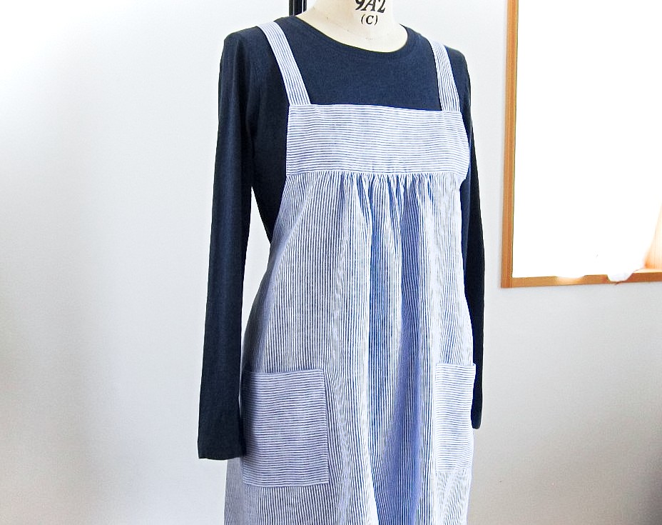 《再販×6》リネンブルーストライプ＊ギャザー　バッククロス　フルエプロン