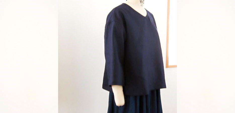 《再販×12》ダークネイビー・ブラックリネン・Aラインプルオーバー・七分袖